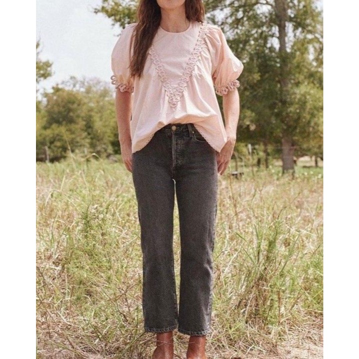 The Great. Small Sparrow Top Blouse Pink Eyelet Embroidered Puff Sleeve Peasant